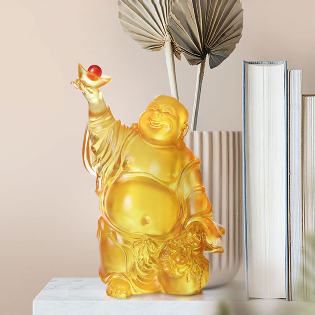 LIULI Crystal Sculpture Happy Laughing Buddha, Golden Ingot